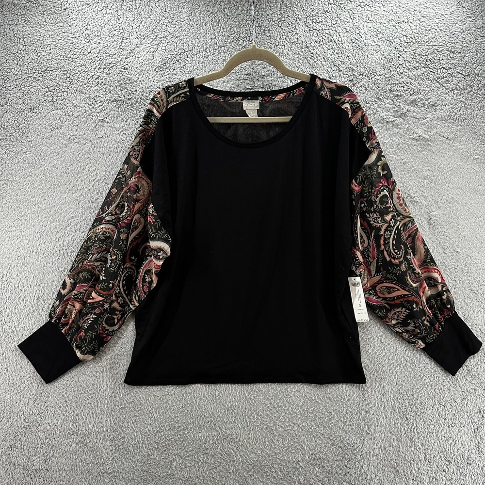 NWT Chico's 3 XL Paisley Woven Sheer Sleeve Top Black Knit Mixed Media Boho